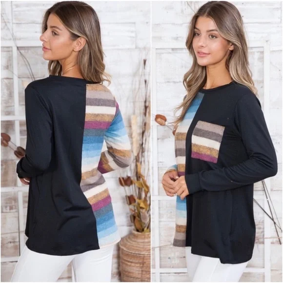 1 LEFT! USA MADE Gorgeous Hacci Brushed Soft Trendy Striped Women’s Pocket Top - Picture 4 of 4
